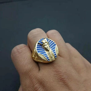 Gold-plated stainless steel ring with Egyptian Pharaoh relief and blue enamel inlay