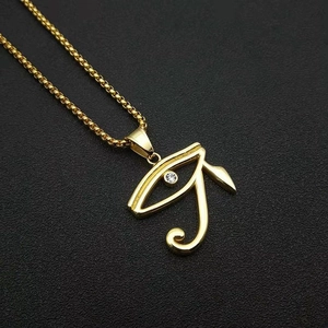 Stainless Steel Eye of Horus Pendant Necklace Gold Egyptian Amulet Rhinestone Inlaid Hip Hop Jewelry Gift For Men Women