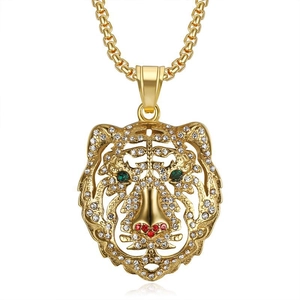 Collier Pendentif Tête de Tigre en Acier Inoxydable 316 Hip Hop pour Hommes Femmes Bijoux Animaux Strass Plaqué Or