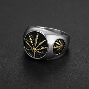 Bague chevalière bicolore hip hop en acier inoxydable avec motif feuille d'or vintage