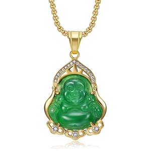 Collana hip hop placcata oro con pendente Buddha in resina verde e strass scintillanti
