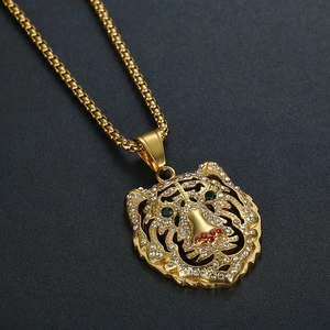 Pendentif tête de tigre doré hip-hop avec strass colorés étincelants et chaîne box
