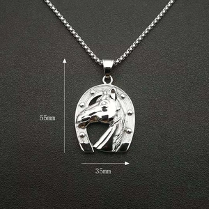 Silver stainless steel horse head horseshoe pendant necklace with detailed engravings