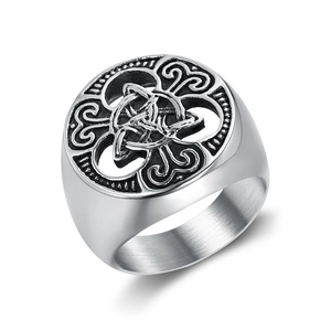 Men's vintage stainless steel Celtic knot signet ring with hollow design and silver finish