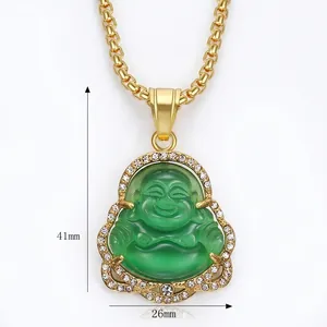 Green jade Laughing Buddha pendant necklace with sparkling rhinestones, 41x26mm size