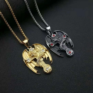 Vintage 316 Stainless Steel Dragon Cross Pendant Necklace For Men Gold Plated Gothic Punk Skull Rhinestone Hip Hop Jewelry