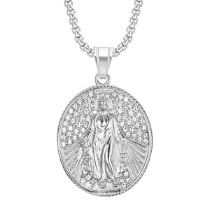 Silberfarbene Maria-Medaillon-Halskette mit Kristallkranz an quadratischer Perlenkette