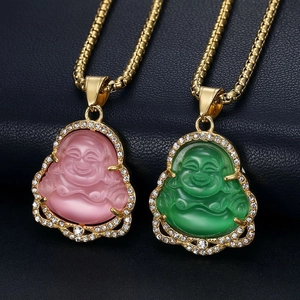 Vintage Stainless Steel Laughing Buddha Pendant Necklace For Couples Gold Plated Rhinestone Cat Eye Stone Ethnic Jewelry Gift