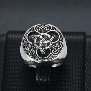 Men's vintage stainless steel Celtic knot ring with intricate Viking patterns in silver