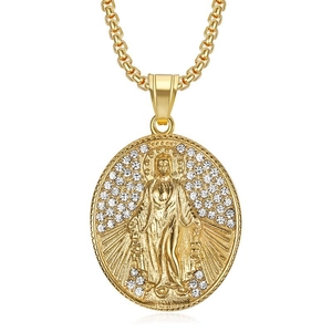 Hip Hop Edelstahl Vergoldet Strass Jungfrau Maria Anhänger Halskette Für Herren Damen Religiöser Schmuck Geschenk