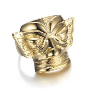 Goldener Ring aus Titanstahl mit Retro-Sanxingdui-Maske und Stammes-Totem-Design