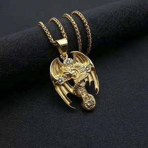 Men's gold plated stainless steel dragon cross pendant with wheat chain necklace