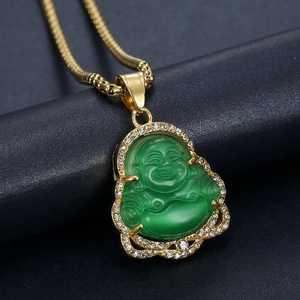 Golden Laughing Buddha necklace with green opalite and sparkling crystal pave setting