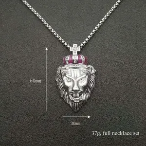 Collier avec pendentif tête de lion argenté hip hop, couronne et strass pour homme