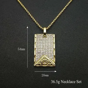Gold plated hip hop necklace with iced out rectangular pyramid and all-seeing eye pendant