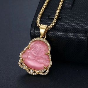 Pink Buddha pendant necklace with gold box chain and sparkling rhinestone frame