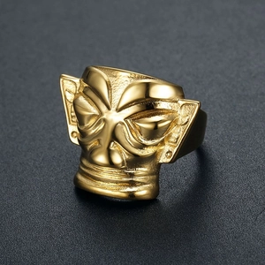 Retro Sanxingdui Maske Ring Herren Titanstahl Vakuum Vergoldet Hip Hop Ethno Stil Punk Band Ring Kulturgut Schmuck