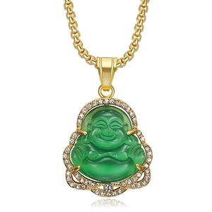 Gold Buddha pendant necklace with green cat-eye stone and sparkling rhinestones