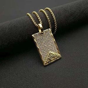 Hip Hop Stainless Steel Gold Plated Pyramid Eye Of Providence Rectangle Pendant Necklace Rhinestone Jewelry For Men Women