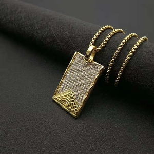Hip hop gold plated stainless steel pyramid pendant necklace with pavé crystal accents