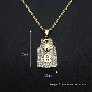 Detail of gold-plated basketball jersey pendant with rhinestones and size dimensions