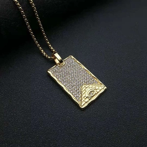 Gold plated hip hop necklace with iced-out pyramid and eye of providence pendant