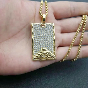 Gold-plated stainless steel hip hop necklace with iced out pyramid pendant on beaded chain