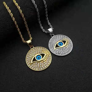 Hip Hop Stainless Steel Evil Eye Pendant Necklace For Men Women Iced Out Rhinestone Round Medallion Rope Chain Jewelry
