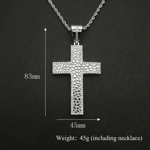 Collier hip hop avec pendentif croix en acier inoxydable argenté et strass scintillants