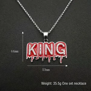 Pendentif KING hip hop doré avec émail rouge et zircons blancs sur chaîne box silver