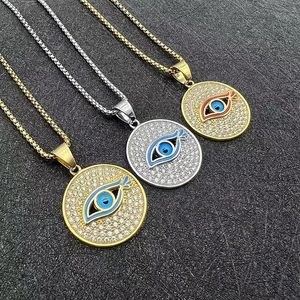 Collier Pendentif Rond Oeil de Mal en Acier Inoxydable Hip Hop Plaqué Or Argent Strass Émail Chaîne Vénitienne Bijoux de Mode Homme Femme