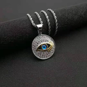 Hip hop evil eye pendant necklace with blue eye and gold lashes on rope chain