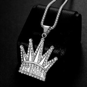 Hip Hop Silber Edelstahl Königskrone Anhänger mit funkelnden Diamanten und Perlenkette