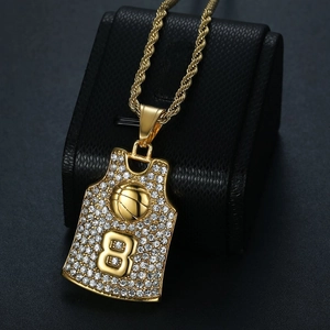 Gold basketball jersey pendant necklace with number 8 and sparkling rhinestone pavé setting