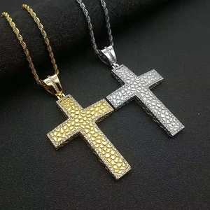 Collier Pendentif Croix Hip Hop en Acier Inoxydable Plaqué Or Argent Strass pour Hommes Femmes Bijoux de Mode Religieux