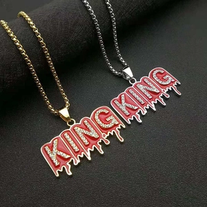 Collier Pendentif Lettre King Hip Hop en Acier Inoxydable Plaqué Or Argent Strass Émail Bijoux pour Hommes Femmes