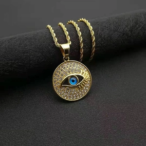 Gold plated stainless steel evil eye pendant necklace with sparkling zircon stones