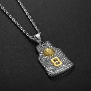 Iced out basketball jersey pendant with gold number 8 and rope chain necklace