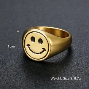 Gold-plated stainless steel signet ring with black enamel smiley face, 15mm width