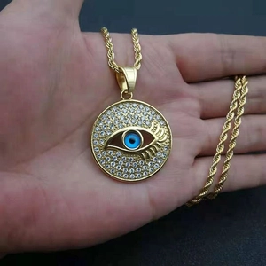 Gold plated stainless steel evil eye pendant necklace with pavé cubic zirconia