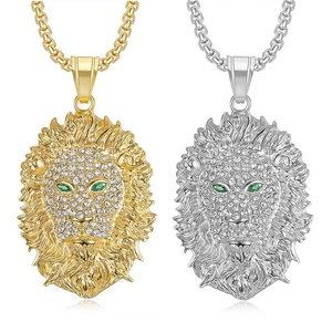 Collier Pendentif Tête de Lion Hip Hop en Acier Inoxydable pour Hommes Pendentif Animal Lion avec Strass Plaqué Or pour Cadeau
