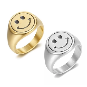 316L Stainless Steel Smiley Face Signet Ring Polished Gold Silver Enamel Hip Hop Unisex Finger Ring Trendy Jewelry Gift