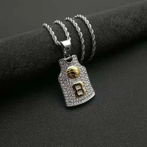 Macro shot of iced out silver number 8 basketball jersey pendant with crystals