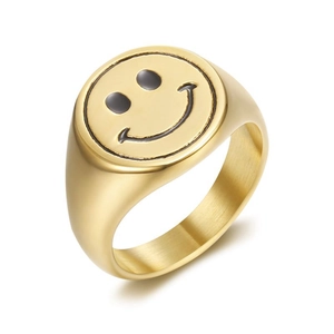 Gold plated stainless steel smiley face signet ring with black drip oil enamel design