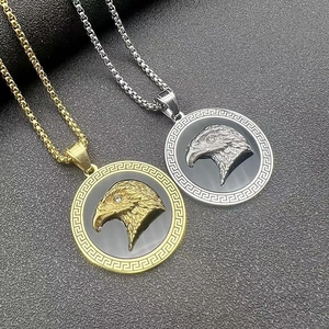 Hip Hop Stainless Steel Eagle Head Pendant Necklace For Men Gold Silver Plated Greek Key Meander Pattern Rhinestone Jewelry