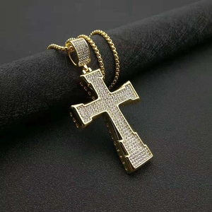 Hip hop style gold plated stainless steel cross pendant necklace with sparkling crystals