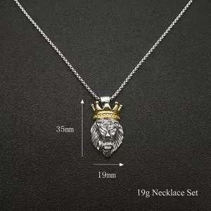 Hip-hop lion head necklace with gold crown and crystals, 35x19mm stainless steel pendant