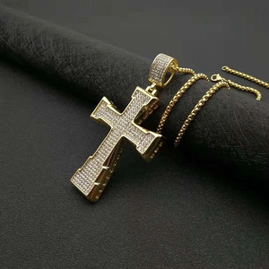 Hip hop style gold-plated cross pendant necklace with micro-paved rhinestones and bead chain