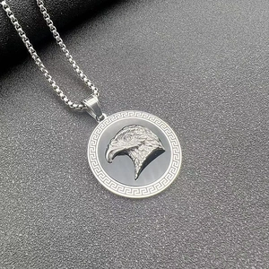 Hip hop eagle head pendant necklace with Greek key pattern border on box chain