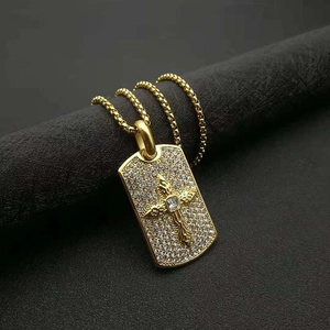 Hip hop gold plated stainless steel rectangle cross pendant necklace with rhinestones